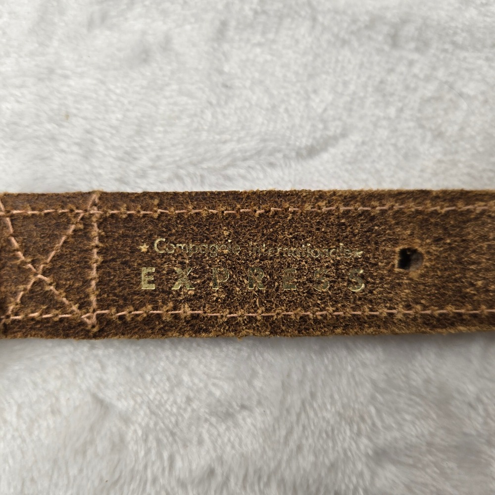 Vintage Express Brown Genuine Leather Wood Bead Gold Metal Link Belt Womens M